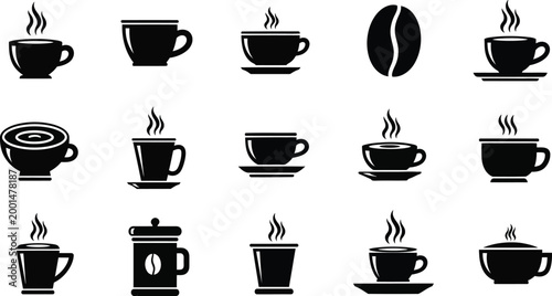 Black and white coffee including cups, saucers, steam, and a coffee bean coffee cup steaming cup coffee pot