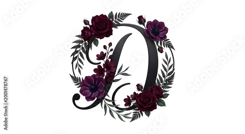 Luxury black metallic letter D monogram with dark burgundy roses and purple flowers. Elegant floral alphabet isolated on white background for wedding and brand design.