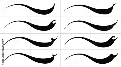 Conjunto de remates de pincelada negra, curvas elegantes y decorativas para diseño gráfico.