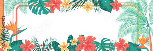 Tropical frame with palm leaves and hibiscus flowers isolated on transparent background. Perfect for overlays, design and printing