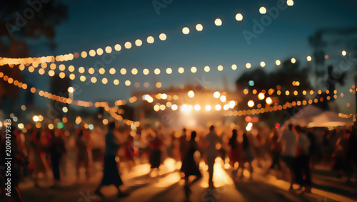 A lively outdoor gathering under strung lights, with dancing silhouettes against a warm glow