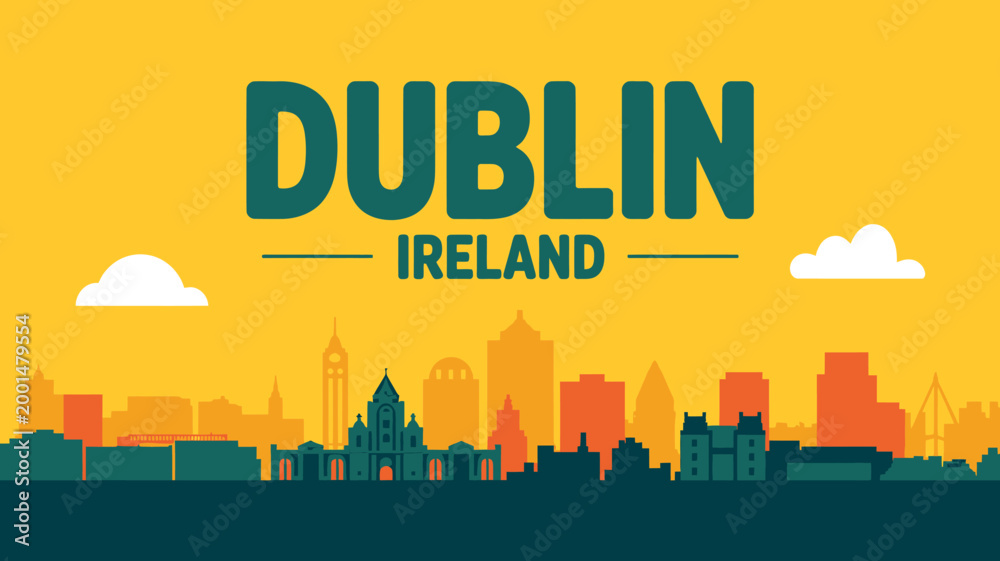 Fototapeta premium Dublin Ireland city skyline with buildings and clouds on yellow background