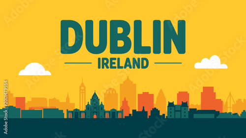 Dublin Ireland city skyline with buildings and clouds on yellow background