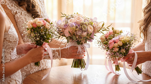 Canvas Print Bride and bridesmaids carefully preparing and holding their exquisite floral bouquets on a rustic wooden table