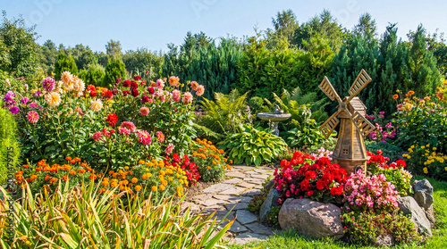 Tableau sur toile Vibrant and colorful garden scene with various blooming flowers, a charming stone path
