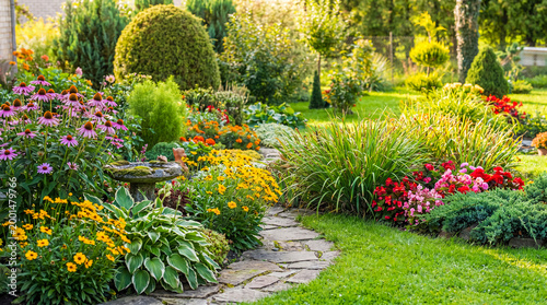 Photography Beautiful vibrant garden with a winding stone path, diverse blooming flowers, lush green shrubs, and manicured lawn