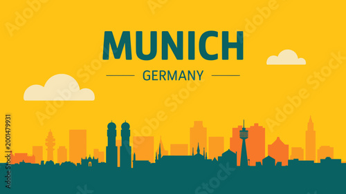 City skyline of Munich Germany with buildings and clouds on yellow background