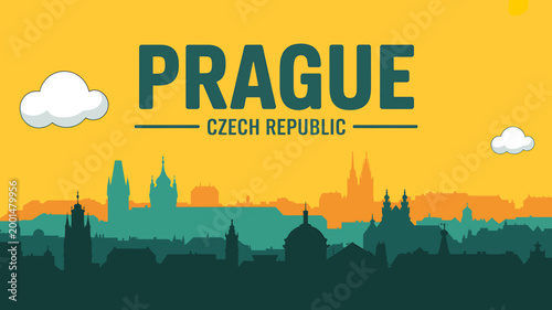 Prague city skyline with clouds and sun on yellow background  Czech Republic landscape