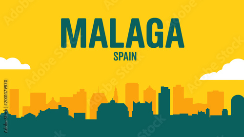 Colorful travel poster design featuring the skyline of Malaga Spain with sunset