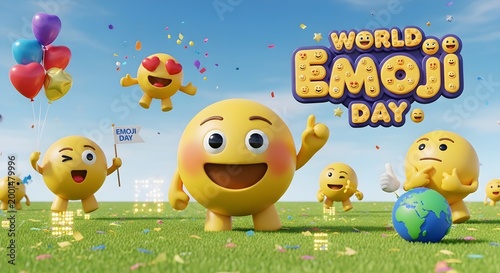 World emoji day celebration with various 3d yellow character faces and heart balloons on green grass under bright blue sky with confetti art.