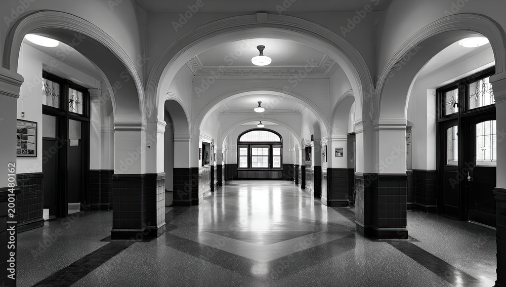 Naklejka premium Grand arched hallway with repeating columns, elegant interior architecture, and soft lighting