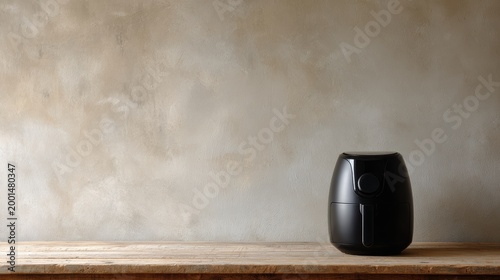 Black oil-free air fryer on wooden table in kitchen with cement wall, rustic modern interior style