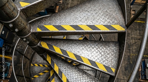 Top view of a metal spiral staircase with yellow and black hazard warning tape, industrial stairs