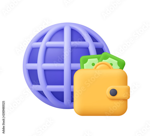 Purple globe and yellow wallet with cash banknotes and coin. Global finance, online payments, digital transactions and international money transfer concept. 3d vector icon. Cartoon minimal style.