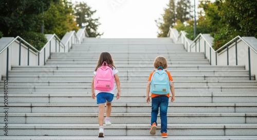 Two children with backpacks walking up the stairs outdoors
