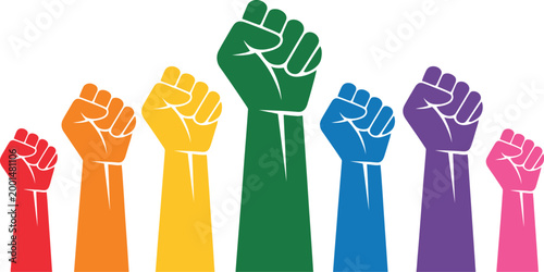 Raised fists, illustration, vibrant vector artwork showing protest unity empowerment diversity and social activism for equality movements and awareness campaigns.