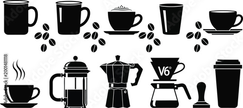 Black silhouettes of coffee cups, coffee makers, and coffee beans on white background, french press