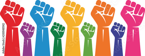 Raised fists, illustration, colorful protest symbols expressing solidarity resistance empowerment and diversity for social justice activism and community movement design.