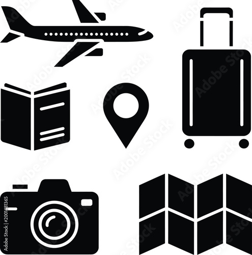 Travel icons depicting an airplane, a rolling suitcase, a camera, a map, a location pin, and a guidebook are arranged in a clean, minimalist layout that represents global tourism and navigation.