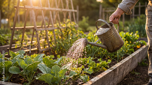 Bild auf Leinwand Person using a vintage metal watering can to water young leafy vegetables in a sunny garden