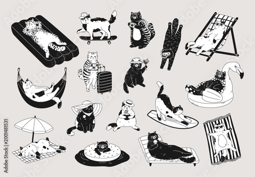 Funny set of cute cats on summer vacation. Different cat characters enjoying summer holidays. Hand drawn linear black and white graphic design for print, card, stickers, coloring book