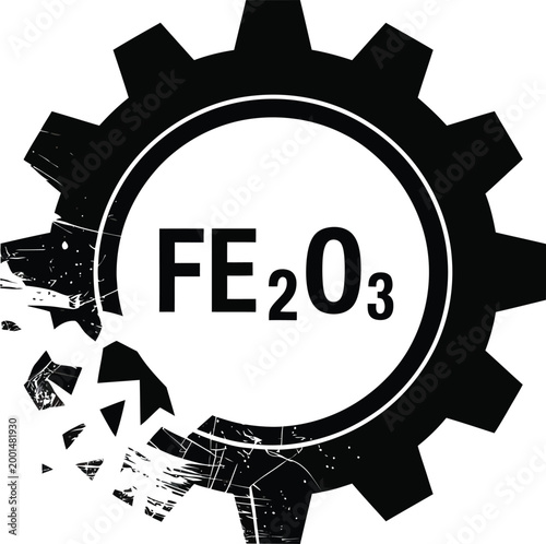 Gear icon featuring the chemical formula for iron oxide displays a distressed design meant for industrial branding and represents the chemical processes involved in metallurgy and manufacturing.