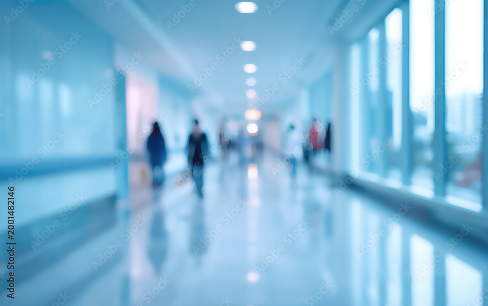 Fototapeta premium Blurred modern hospital corridor with people walking toward light