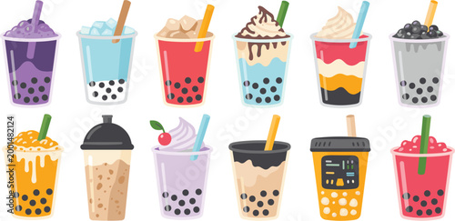 Bubble tea drinks set, colorful boba beverages collection with milk tea fruit flavors and tapioca pearls