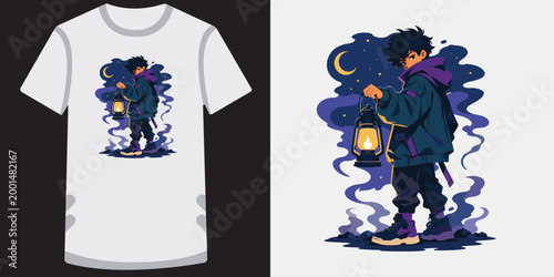 Mysterious anime boy holding old lantern at night with moon.