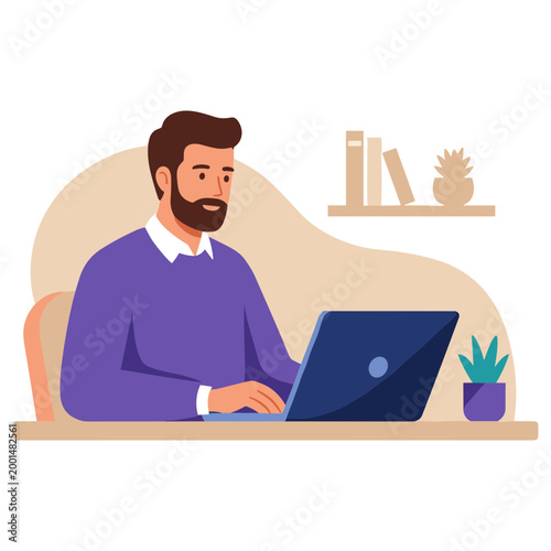 Man sitting at desk working on laptop with books and plant nearby