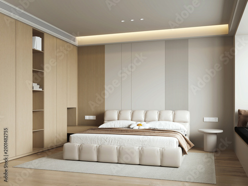 Obraz na płótnie The modern mock up design of bedroom interior have bed and side table with wooden and white pattern wall background