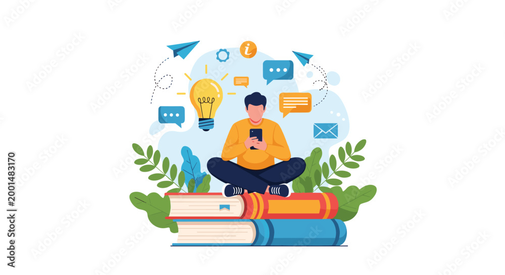 Fototapeta premium Creative professional sitting cross-legged on a stack of books using a smartphone with floating icons of ideas and mail.
