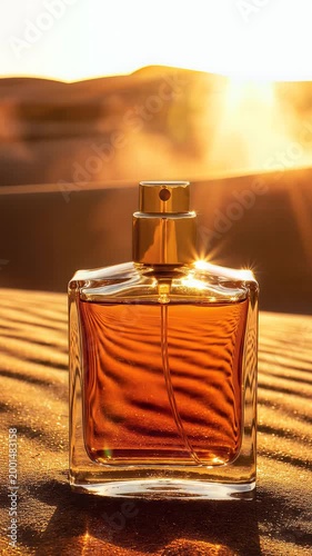 Luxury Perfume Bottle on Desert Sand at Golden Sunset Background