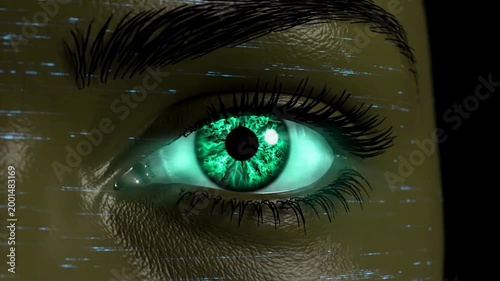 Futuristic Glowing Green Cybernetic Eye Close Up with Digital Glitch Skin Texture
