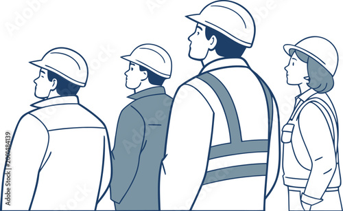 Four construction workers wearing hard hats and safety vests, looking up, isolated on white