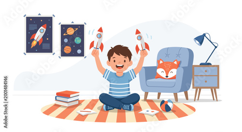 Young boy sitting on a striped rug in his bedroom playing with two toy rockets in a room decorated with space posters.