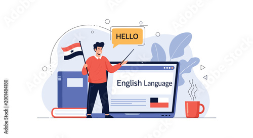 Online education concept featuring an English teacher standing by a large laptop screen showing language lessons and flags.
