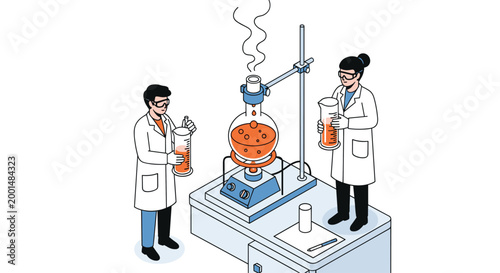 Scientists wearing lab coats and goggles conducting chemical experiments in a modern laboratory setting with specialized tools and flasks.