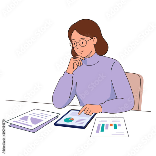 A woman sits at a desk analyzing data on a tablet with papers around her.