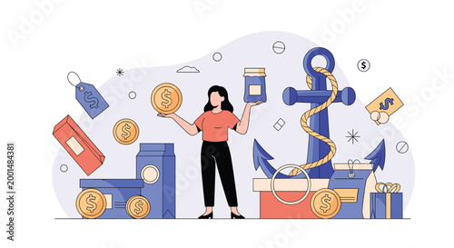 Woman balancing a large gold coin and a product jar with various financial and nautical icons in the background representing stability.