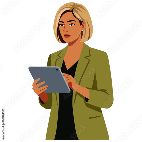 Woman holds digital tablet and wears green blazer standing indoors looking at screen