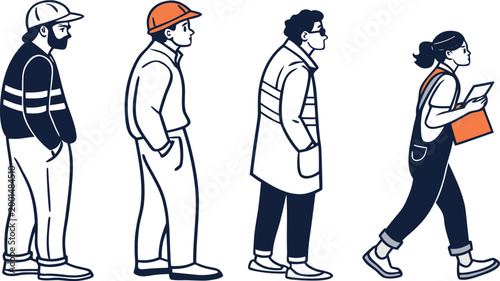 Four individuals in work attire including a woman holding a folder walking in a line together