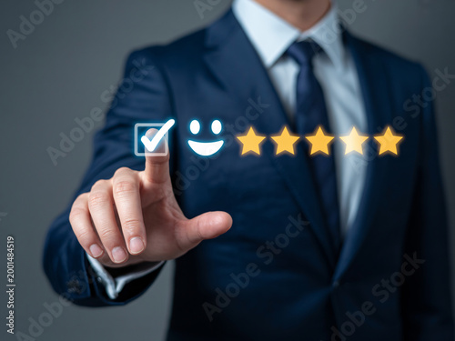 A businessman in a suit gives a five-star rating with a satisfied smiley face