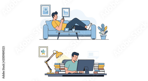 Man enjoying leisure time on a sofa and working productively at his desk with a computer in two different scenes for work life balance.