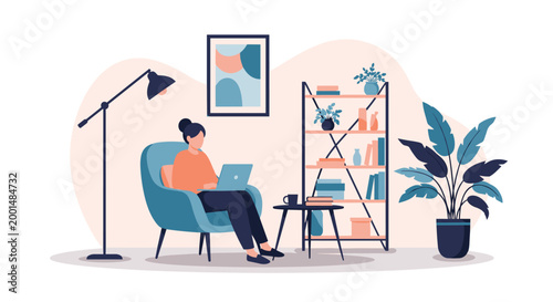 Woman working on her laptop while sitting comfortably in a blue armchair in a modern and cozy living room for a productive home office.