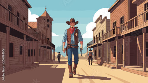 Lawman sheriff walks confidently down the main street of a historic western town with wooden buildings and mountains.