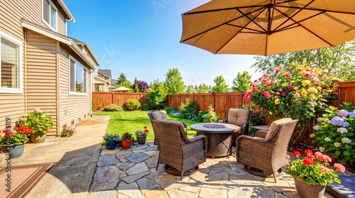 Photos Expansive flagstone patio with wicker chairs and a table, shaded by an umbrella in a lush garden setting
