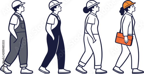 Four workers in overalls and hard hats walking in a row with one carrying an orange bag