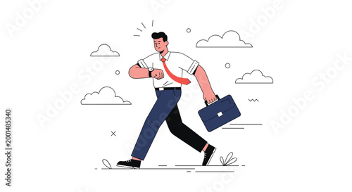 Busy businessman in a suit checking his watch while walking quickly with a briefcase against a cloudy sky for time management concept.