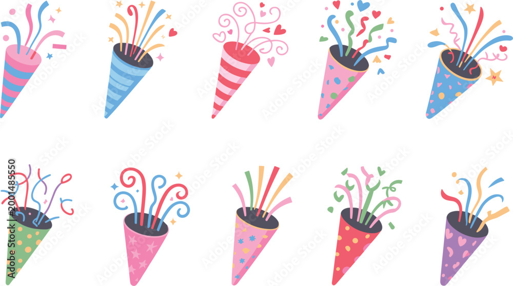 Obraz premium Party poppers set, colorful confetti cannons collection with festive celebration elements and decorative bursts